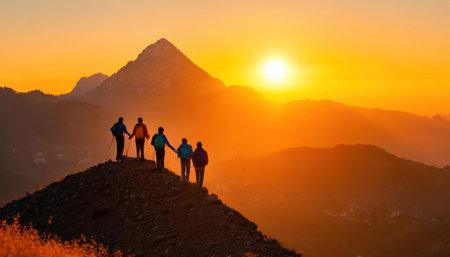 Group of tourists on the top of a mountain at sunset in the mountainsの素材