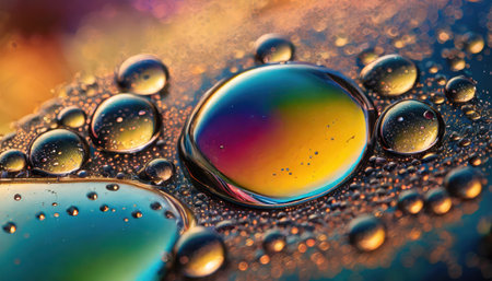 Water drops on the water surface with colorful bokeh background.の素材