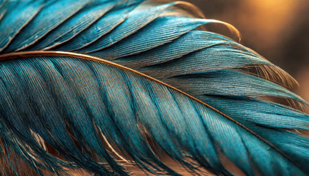 Beautiful blue feather texture close up. Macro photo of bird feather.の素材