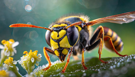 Close up of a wasp on a leaf with water dropletsの素材