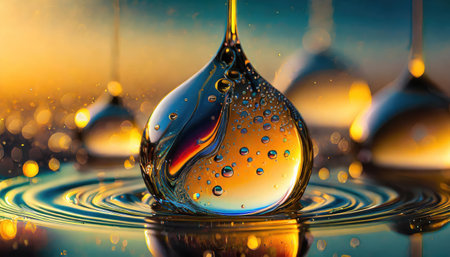 Falling drops of water. Splash effect after collision a falling drops with water Surfaceの素材