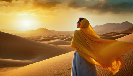 Beautiful woman in the desert at sunset. Travel and adventure conceptの素材