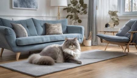 Cute persian cat lying on carpet in living room at homeの素材