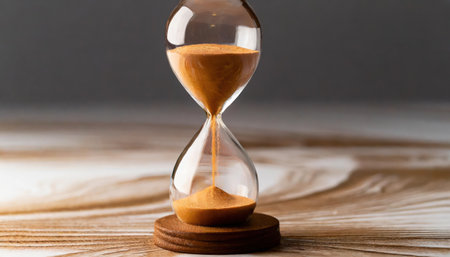 Hourglass on a wooden background. Sand running through the glass.の素材