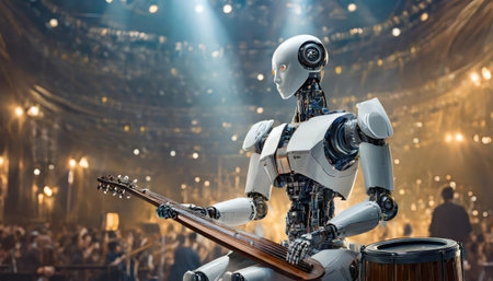 Robot playing the electric guitar in concert hall. 3d renderingの素材