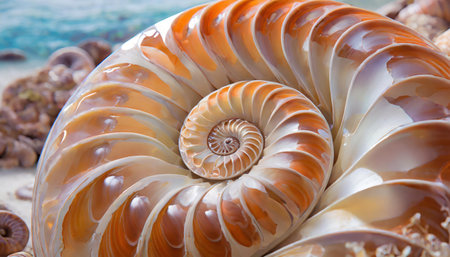 nautilus shell close-up on the background of the seaの素材