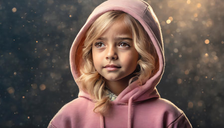 Portrait of a little girl in a pink hoodie on a dark backgroundの素材