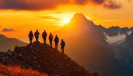 Group of hikers with backpacks standing on the top of the mountain and watching the sunset.の素材