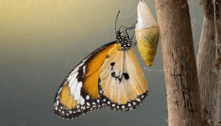 butterfly emerging from chrysalis cocoon, close upの素材