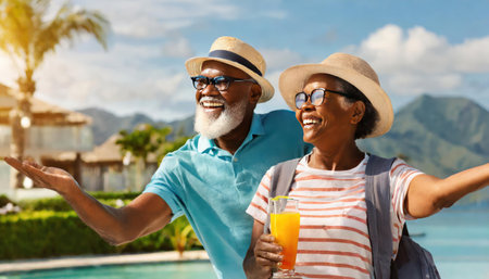 happy senior african american couple drinking orange juice at poolsideの素材