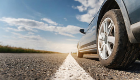 Car on the asphalt road with blue sky and white clouds background.の素材