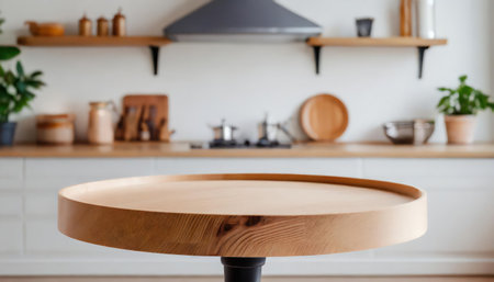 Empty wooden table in modern kitchen interior for product display montage.の素材