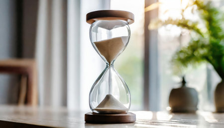 Hourglass on table in coffee shop. Time management and business conceptの素材