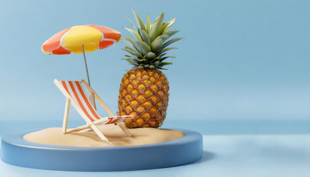 Pineapple and beach chair on the sand. 3d renderingの素材