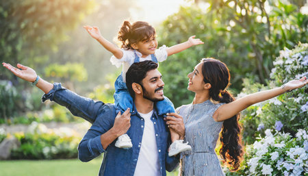 Happy family in the park. Father, mother and daughter having fun together.の素材