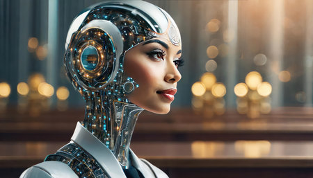 Portrait of a female robot in a futuristic interior. 3d rendering.の素材