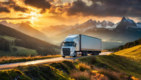 Truck on the road in the Swiss Alps at sunset, Switzerlandの素材