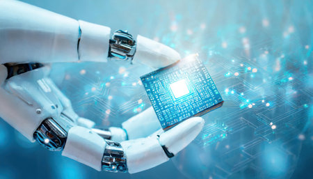 Robot hand holding a microcircuit on a blue background 3D renderingの素材
