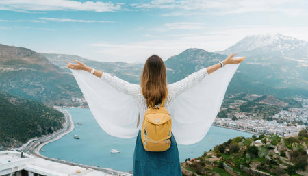 Back view of young woman with arms outstretched enjoying the view of Santorini, Greeceの素材