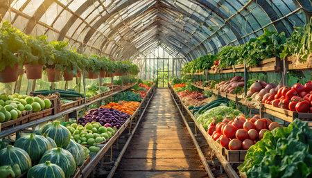 Rows of fresh vegetables in a greenhouse ready for harvest. Agricultural industryの素材