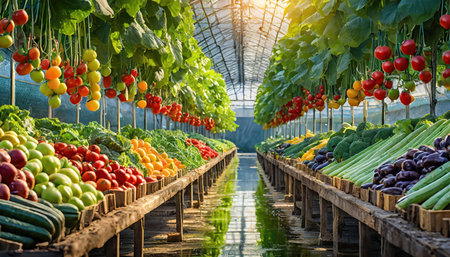 Organic vegetables in a greenhouse. Tomato, cucumber, eggplant, zucchini, bell pepper, onion, parsley, tomato.の素材