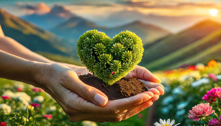Hands holding green plant in heart shape on nature background. Eco concept.の素材