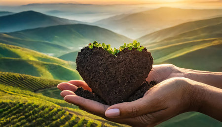 Human hands holding heart shaped soil with plant growing on top of mountainの素材