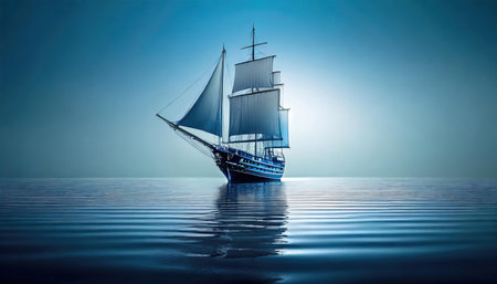 Sailing ship in the ocean. 3D rendering. vintage styleの素材