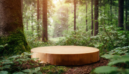 Empty round wooden podium in green forest, mockup for product displayの素材