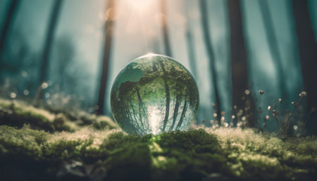 Glass globe in green moss with tree and sunlight. 3d renderingの素材