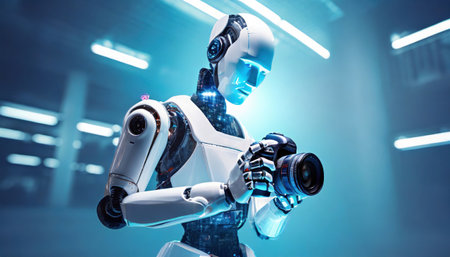 3d rendering humanoid robot with camera on blue background, future technology conceptの素材