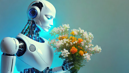 3d rendering female robot with bouquet of flowers on light backgroundの素材