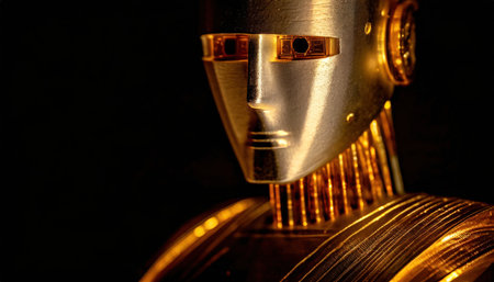 Close-up of a golden robot head on a black background.の素材