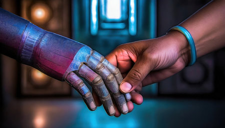 Close up of human hand and robot hand shaking in a dark roomの素材