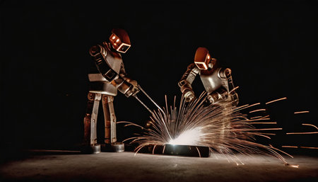 Welding robots with sparks flying in the air. Black background.の素材