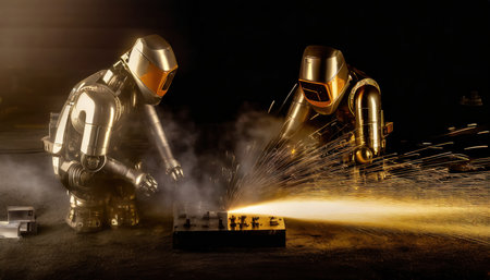 Industrial robots with sparks flying in the air. 3d rendering.の素材