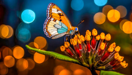 Butterfly on a flower with bokeh lights as backgroundの素材