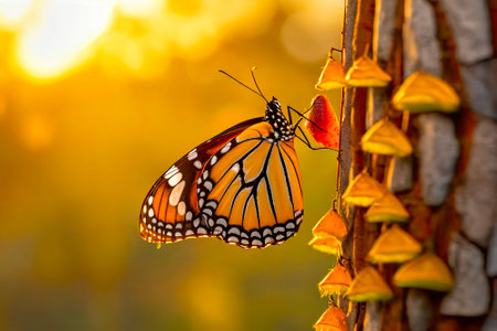 Butterfly on a flower in the garden at sunset time.の素材