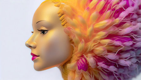 Mannequin head with pink and yellow feathers on white background.の素材