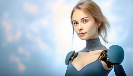 3d rendering of a female robot on a blue sky background.の素材