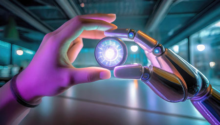 3d rendering robot hand holding a future digital technology concept of future technologyの素材