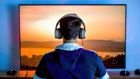 Rear view of a young man in headphones watching a movie on a TV setの素材