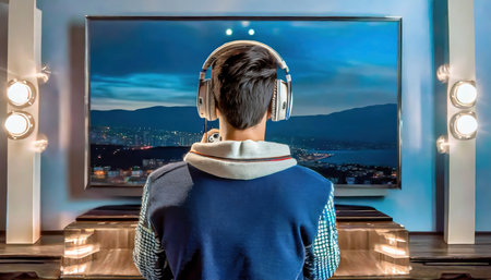 Rear view of young man listening to music with headphones at homeの素材