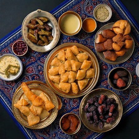 Traditional oriental sweets and tea set on a dark background. top viewの素材