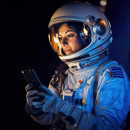 Portrait of a female astronaut in spacesuit using mobile phone.の素材