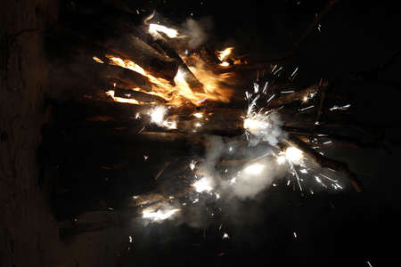 Branches set on fire with fireworksの写真素材