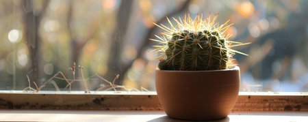 Cactus in a terracotta pot on a windowsill. Generative AIの素材