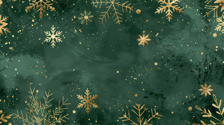 Golden snowflakes on dark green backdrop. Generative AIの素材