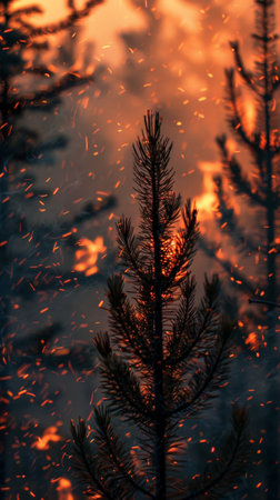 Pine tree silhouette against fiery background. Generative AIの素材