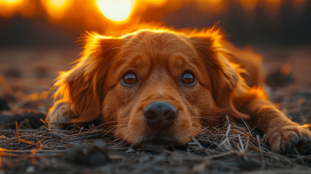 Close-up of a brown dog lying down at sunset. Generative AIの素材